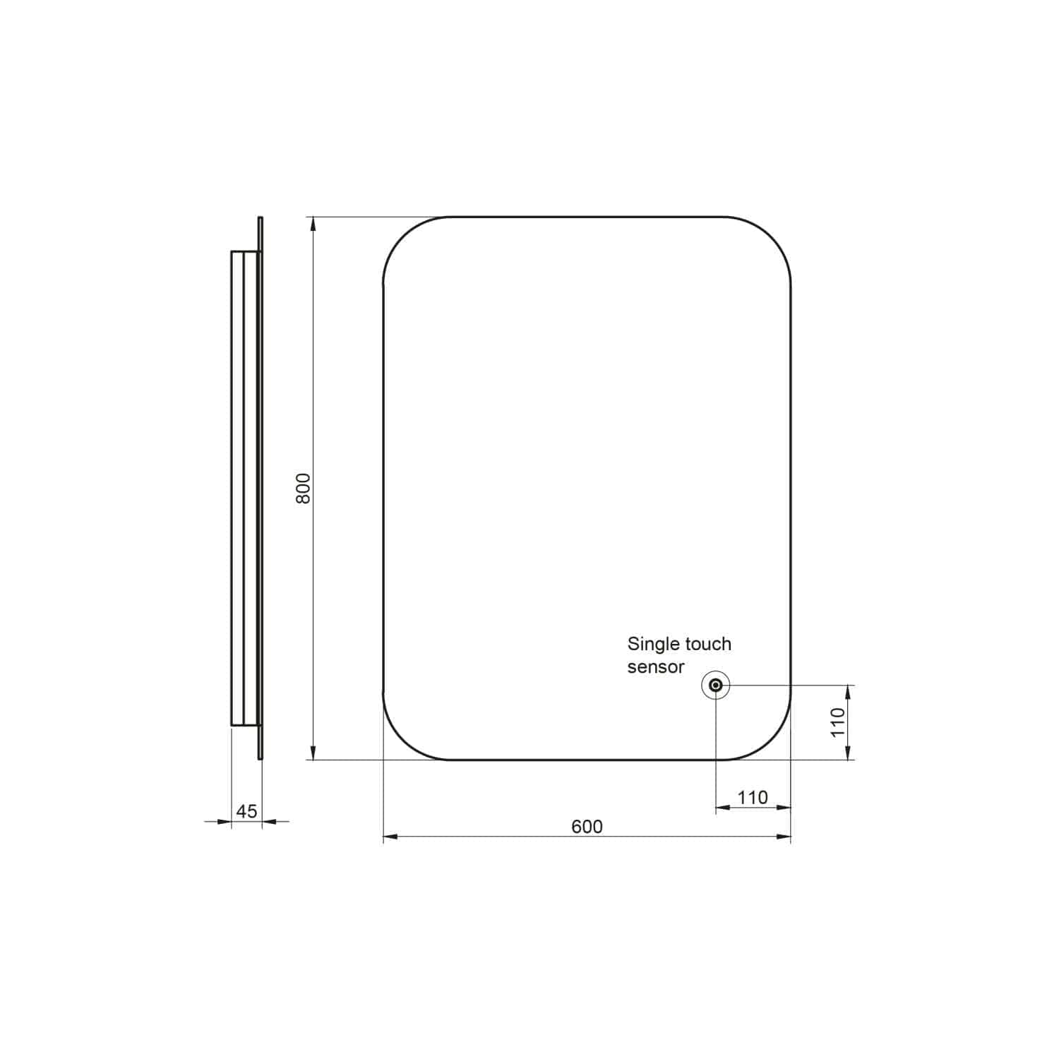 Modern bathroom sensor light with sleek rectangular design and single touch sensor for easy operation, measuring 600mm by 800mm, perfect for contemporary bathrooms.