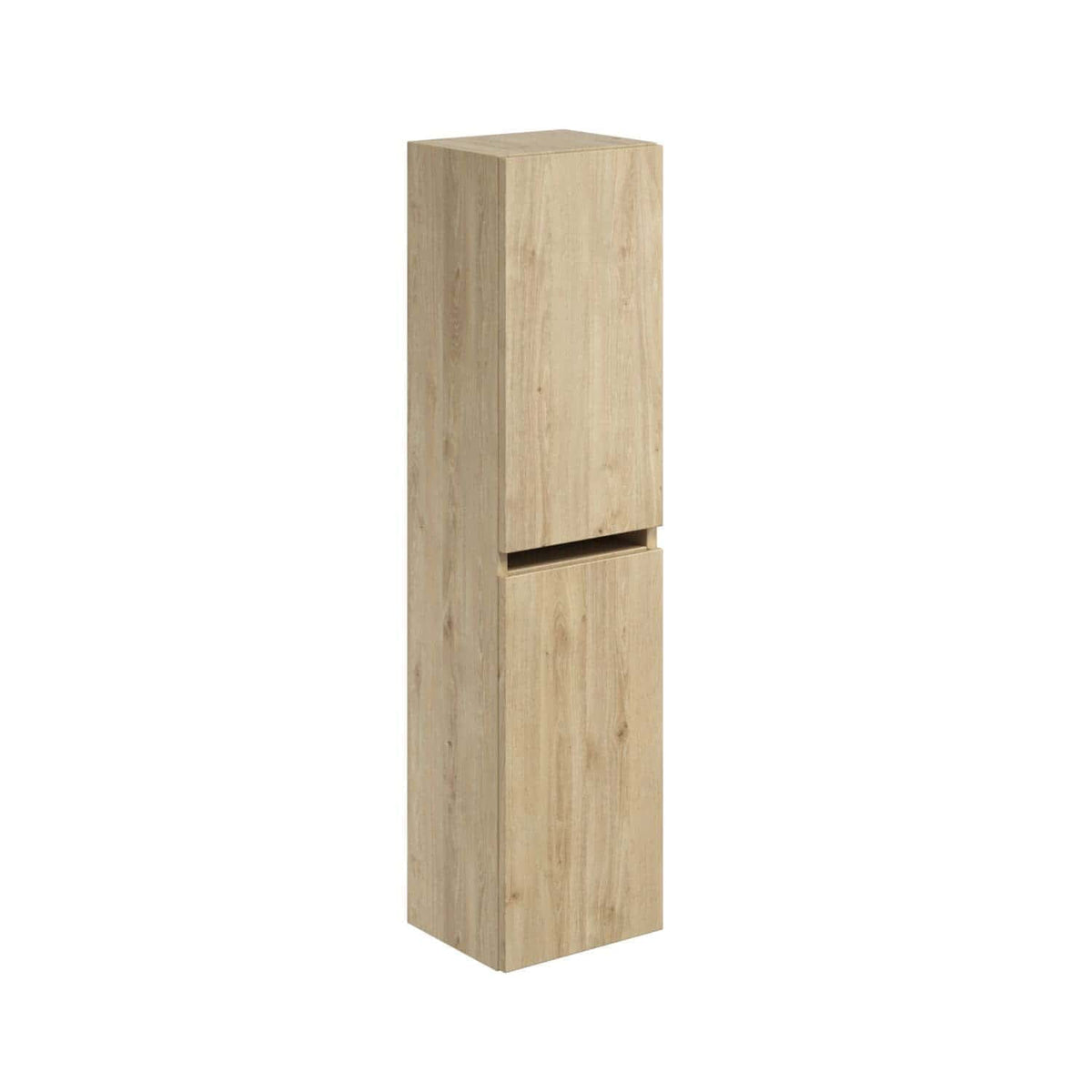 Minimalist wooden bathroom storage cabinet in natural oak finish, ideal for modern bathrooms. Compact design offers practical space for toiletries while enhancing bathroom decor.