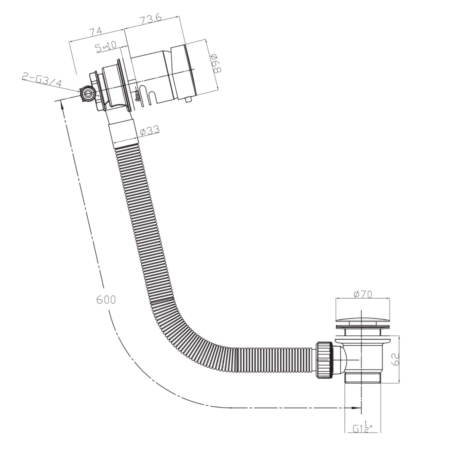 Flexible bathroom waste pipe with adjustable length and durable construction for efficient plumbing drainage, compatible with standard G1/2 fittings.