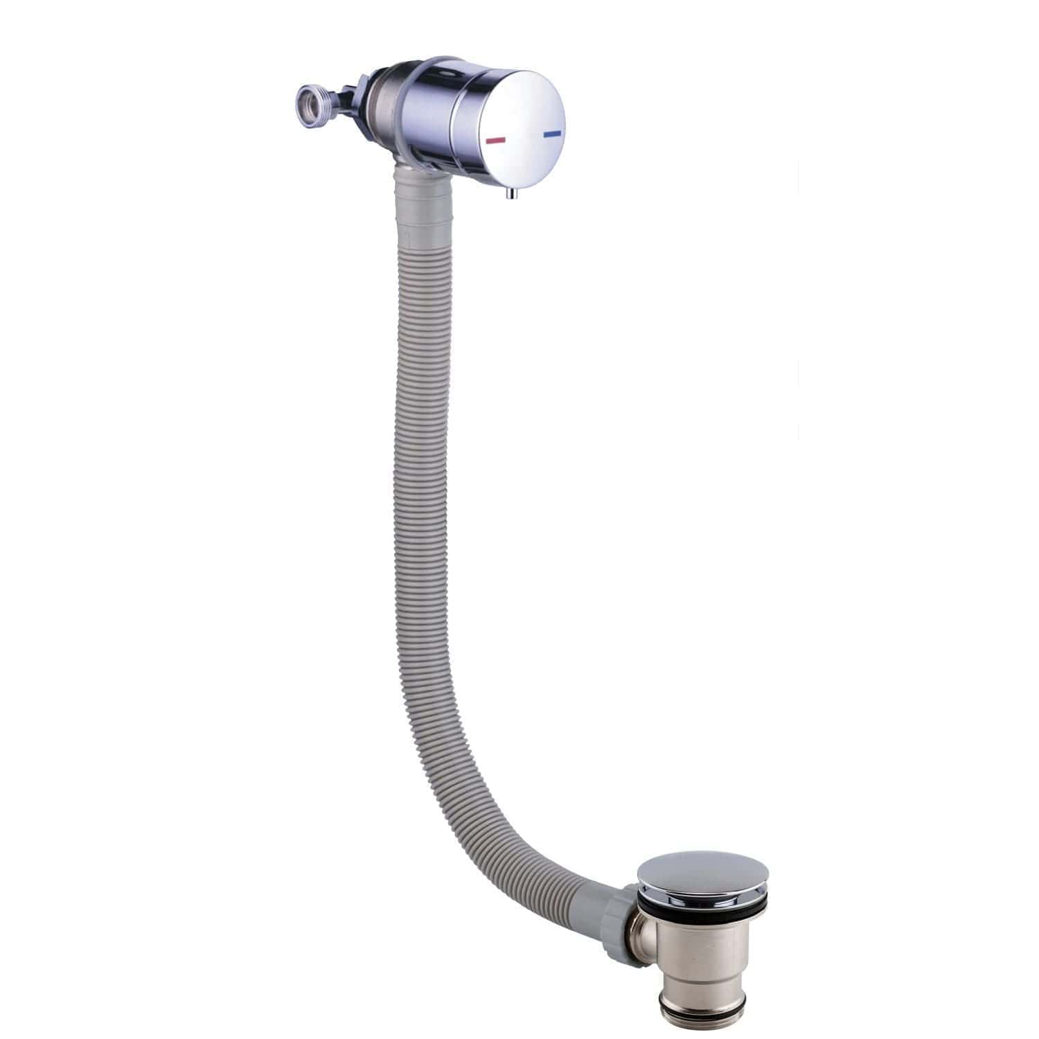 Flexible chrome bathroom drain pipe with built-in adjustable connector for sink or bathtub plumbing. Durable, lightweight, and easy to install, ideal for modern bathroom fixtures.