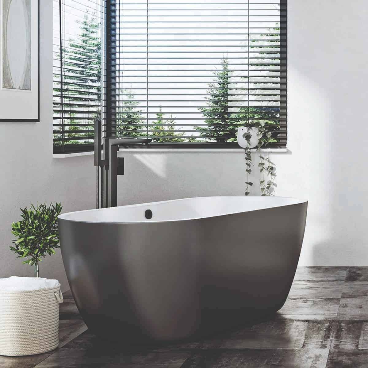 Modern black freestanding bathtub with a minimalist design in a contemporary bathroom with large window blinds and indoor plants for a sleek, stylish bathroom upgrade.