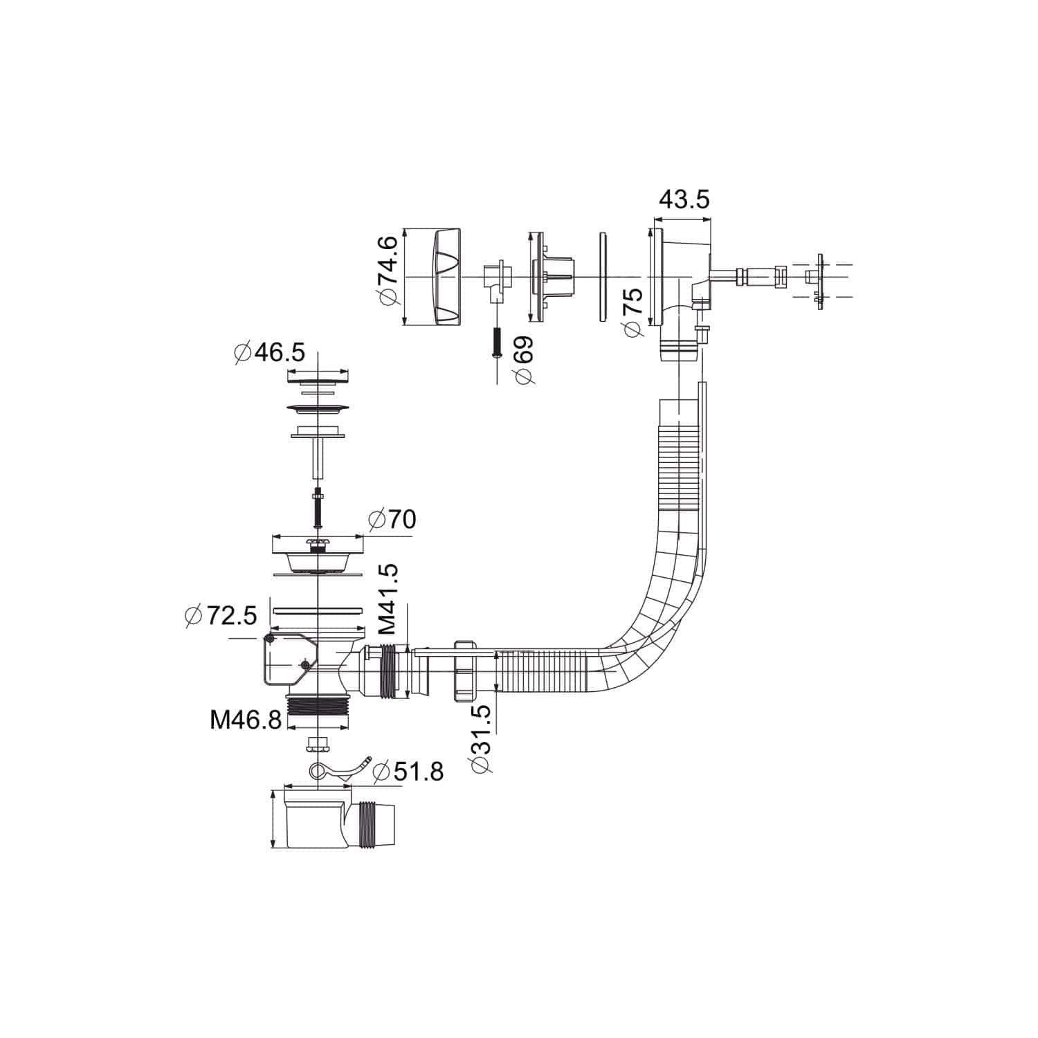 Flexible bathroom plumbing and drainage diagram showcasing under-sink pipes, fittings, and measurements for bathroom installation and repair.