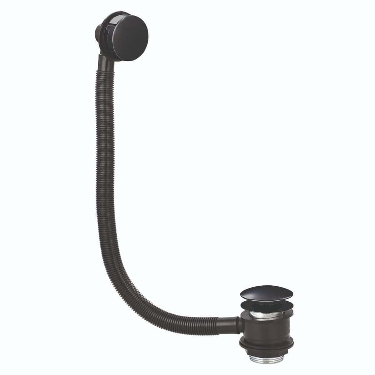 Flexible black kitchen sink drain with a pop-up waste and secure fitting, ideal for modern bathroom and kitchen renovations.
