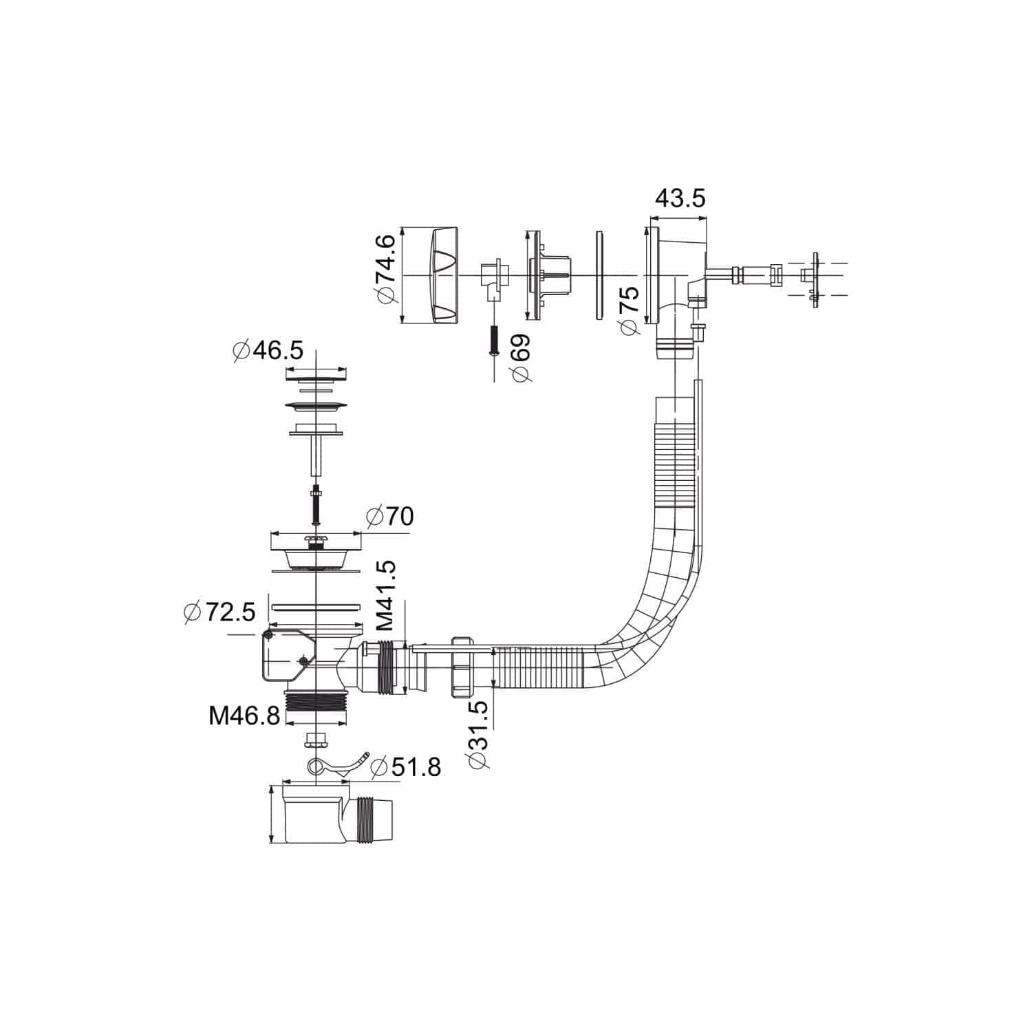 Flexible plumbing pipe diagram showing detailed measurements for bathroom sink drainage and installation components.