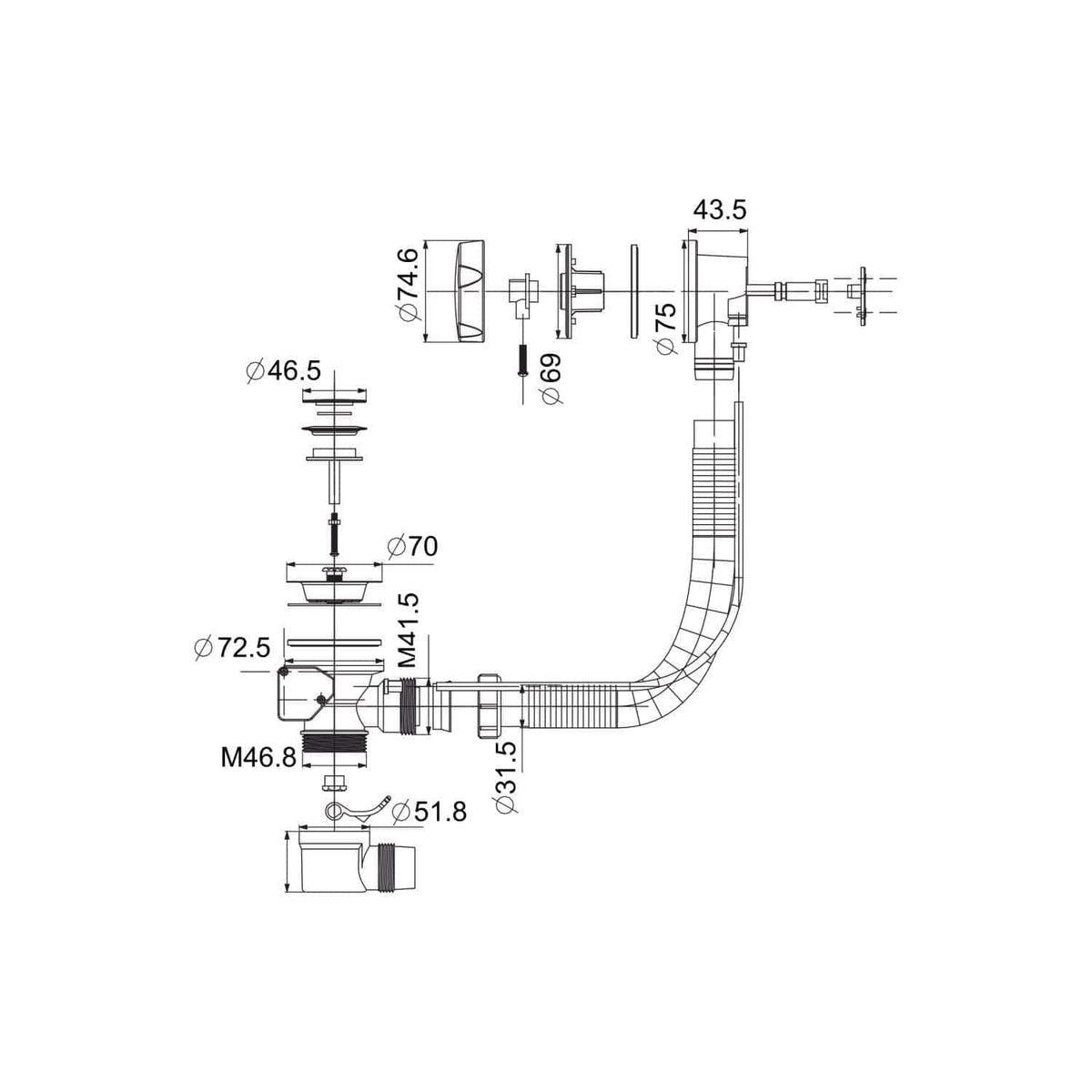 Flexible plumbing pipe diagram showing detailed measurements for bathroom sink drainage and installation components.