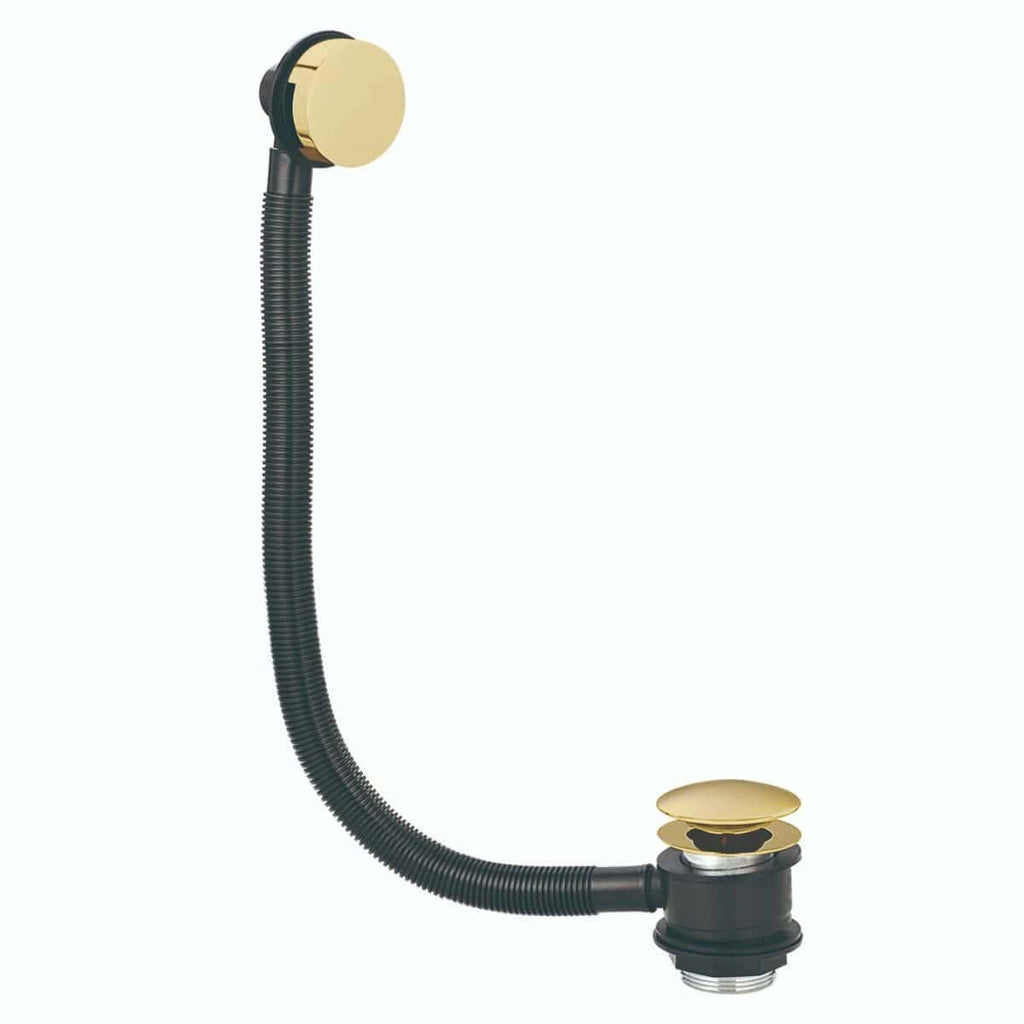 Flexible sink waste pipe with gold finishes, designed for modern bathroom plumbing solutions. Durable, high-quality materials ideal for stylish and efficient bathroom installations.