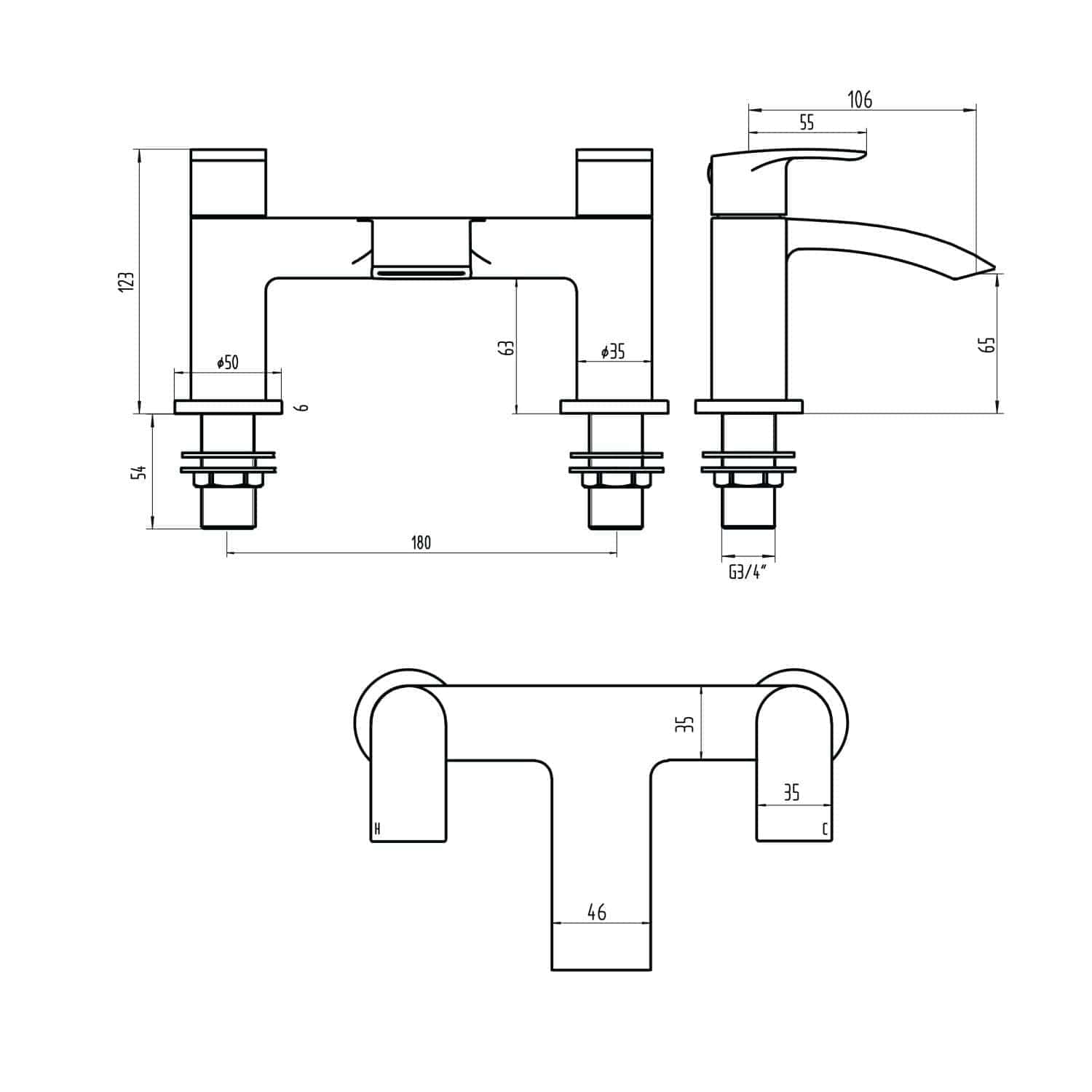 High-quality technical drawing of a bathroom tap with detailed measurements, ideal for installation and plumbing design. Suitable for bathroom renovation projects and bathroom furniture suppliers.