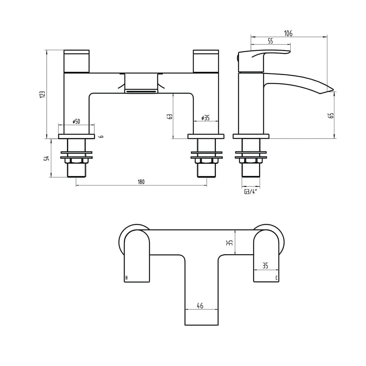 High-resolution technical drawing of a modern bathroom faucet with detailed measurements and specifications for installation and design.
