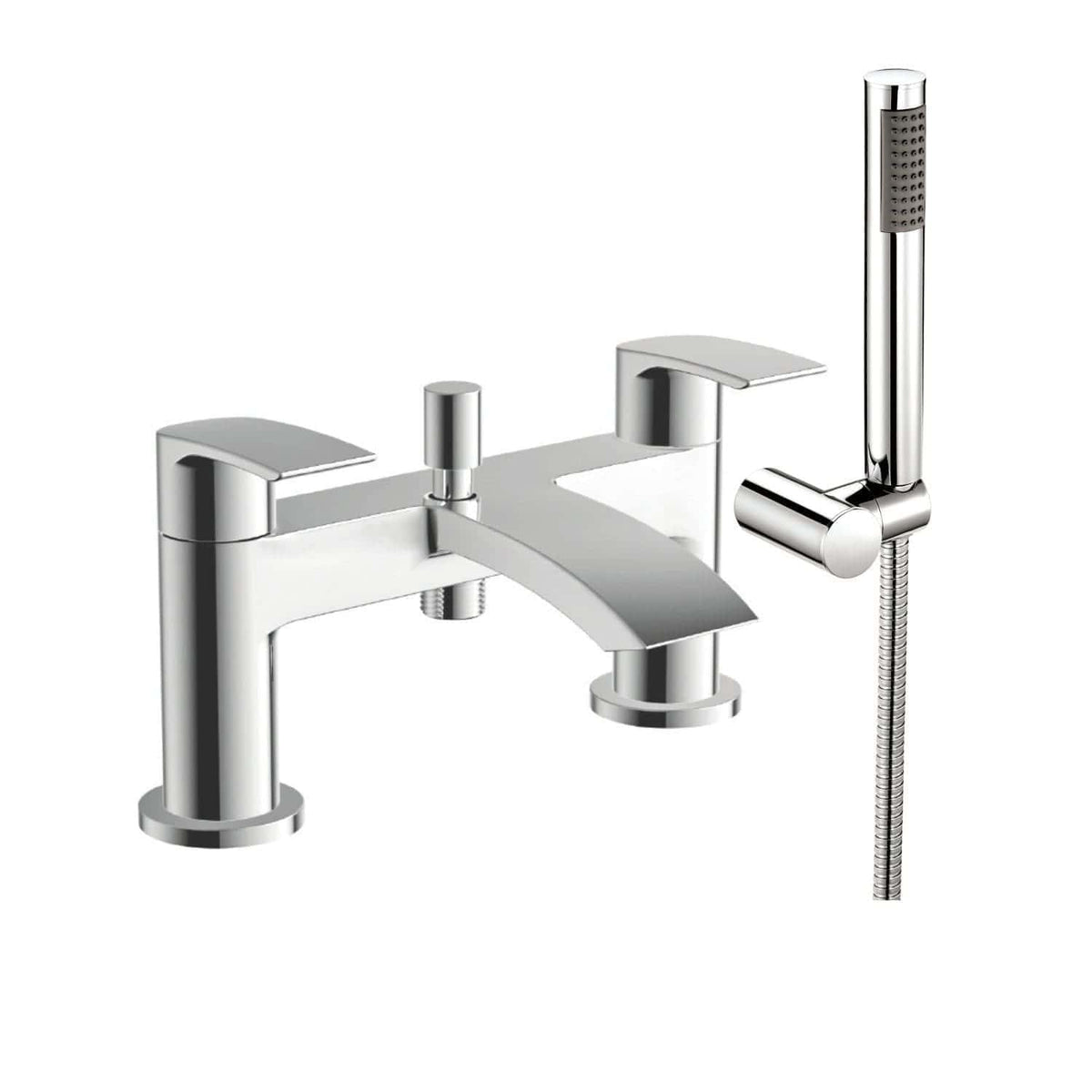 Shiny chrome bathroom mixer tap with matching handheld shower head, ideal for modern bathroom renovations and installations. Sleek design featuring separate hot and cold controls.
