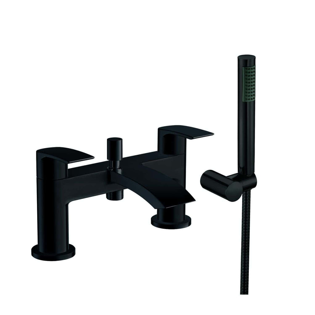 Sleek black bathroom mixer tap with matching handheld shower head, perfect for modern bathrooms and designer spaces. Ideal for achieving a stylish, functional water control solution in your bathroom.