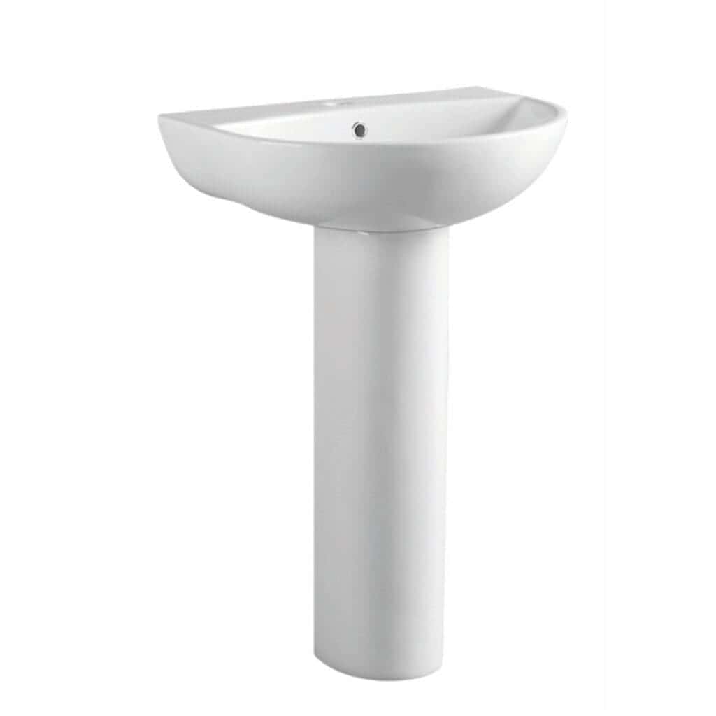 Sleek white bathroom pedestal wash basin for modern bathroom design, featuring smooth curves and durable ceramic material, ideal for contemporary bathroom renovations and installations.