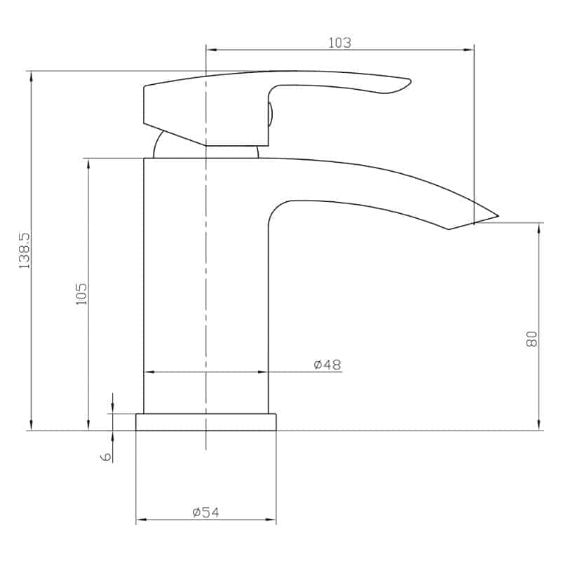 Sleek modern bathroom tap with precise measurements and ergonomic design for stylish and functional bath or basin use. Ideal for contemporary bathroom installations.