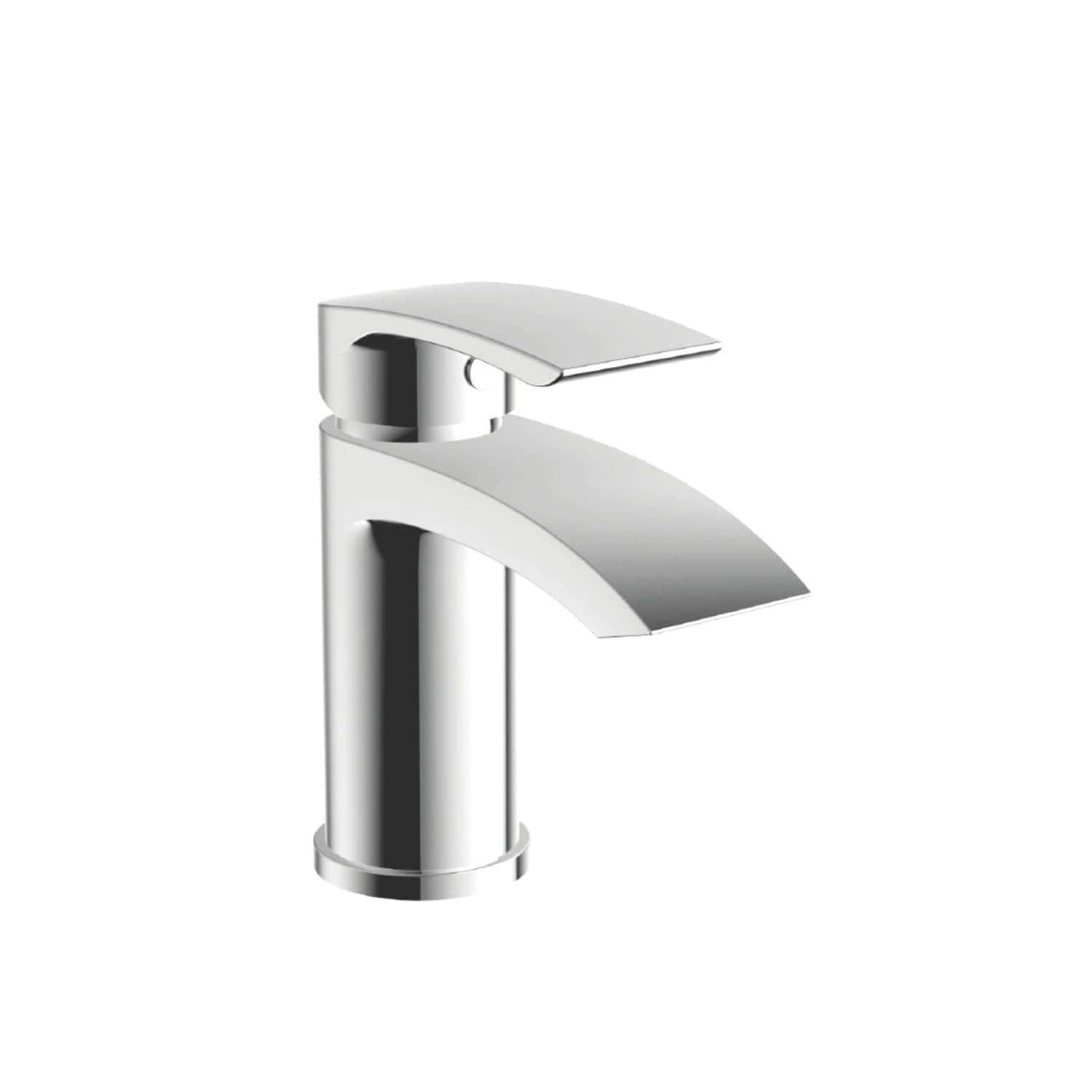Sleek silver bathroom basin tap with modern minimalist design, ideal for contemporary bathroom fixtures and fittings. Featuring a smooth curved spout and single lever control for easy use.