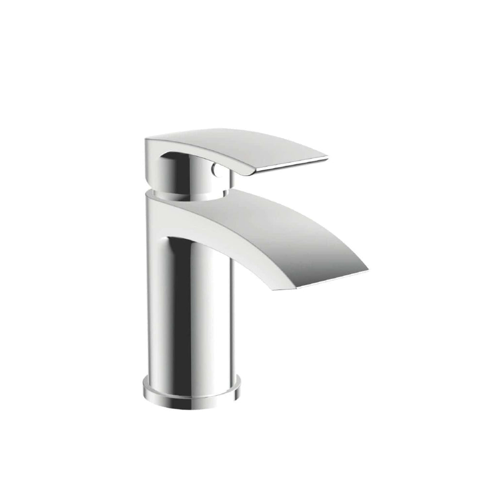 Sleek silver bathroom basin tap with modern minimalist design, ideal for contemporary bathroom fixtures and fittings. Featuring a smooth curved spout and single lever control for easy use.
