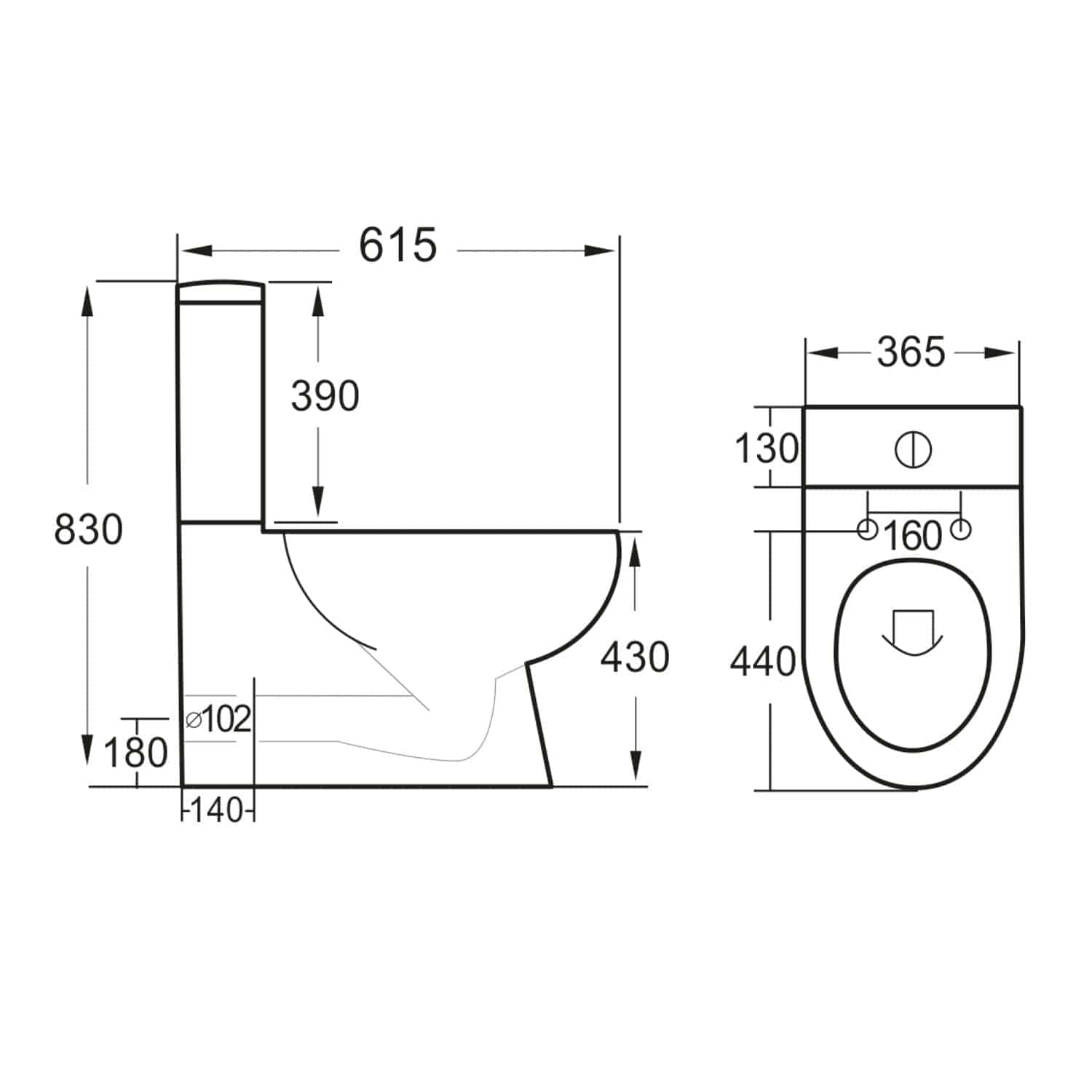 Elegant modern toilet design with precise measurements, ideal for bathroom renovation projects. Features detailed dimensions for installation and plumbing compatibility.