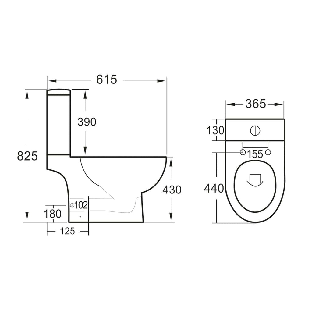Modern toilet design with detailed technical measurements for bathroom renovation, featuring a sleek bowl and water-saving features. Ideal for contemporary bathroom upgrades.