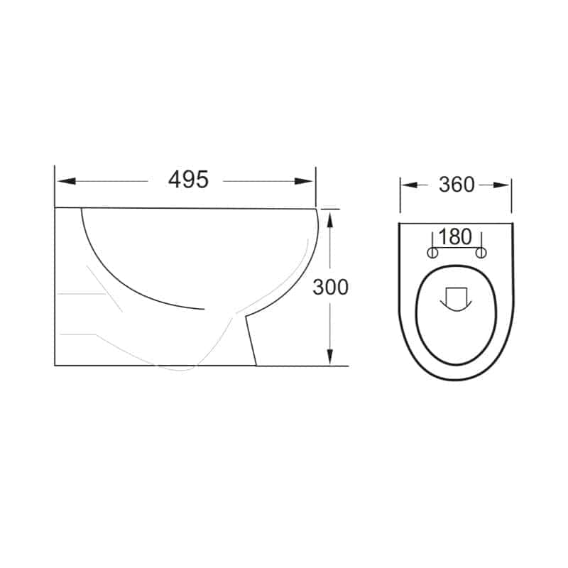 495mm toilet bowl dimensions with 300mm height, 180mm flushed width, and 360mm overall width; ideal for modern bathroom installations.