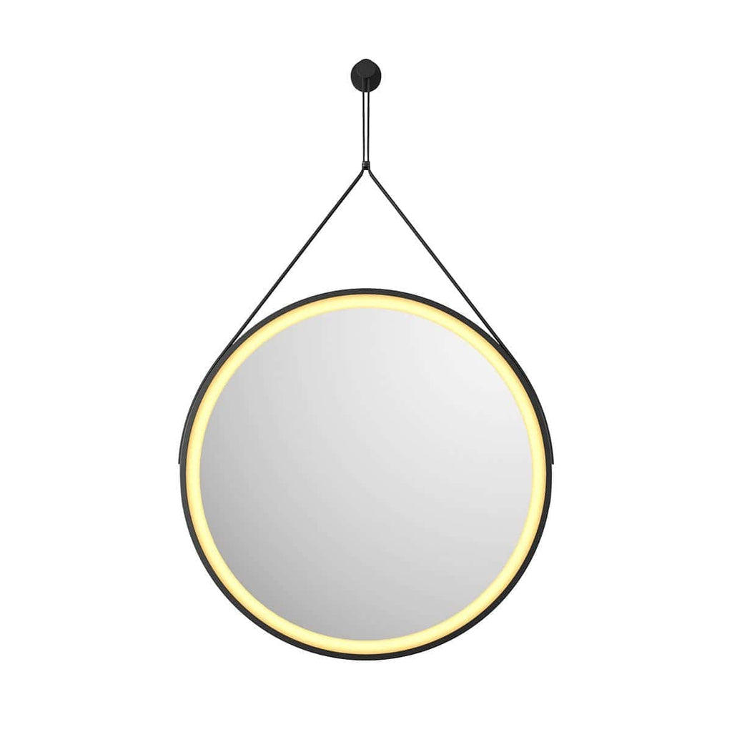LED illuminated round bathroom mirror with black trim and hanging strap, modern and stylish, ideal for contemporary bathroom decor. Perfect for vanity areas and enhancing bathroom lighting.