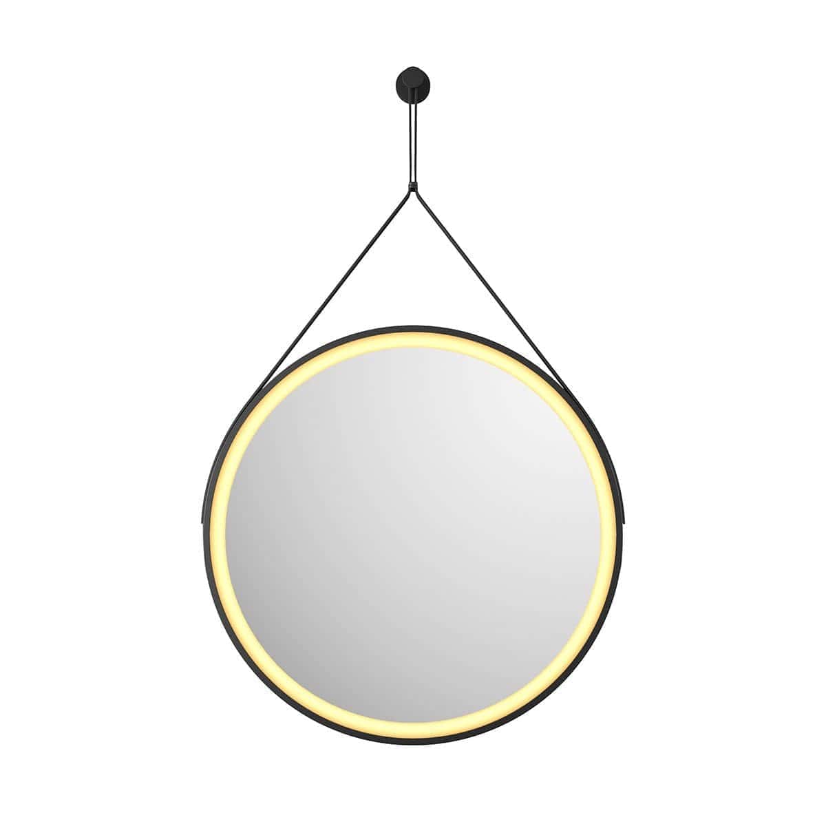 LED illuminated round bathroom mirror with black trim and hanging strap, modern and stylish, ideal for contemporary bathroom decor. Perfect for vanity areas and enhancing bathroom lighting.