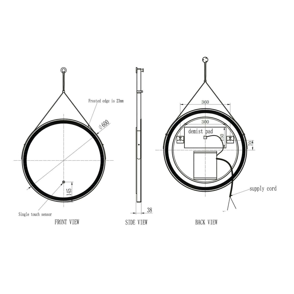 High-tech circular bathroom sensor device with frosted edges, supplied with detailed technical drawing for installation and design specifications for modern bathroom projects.