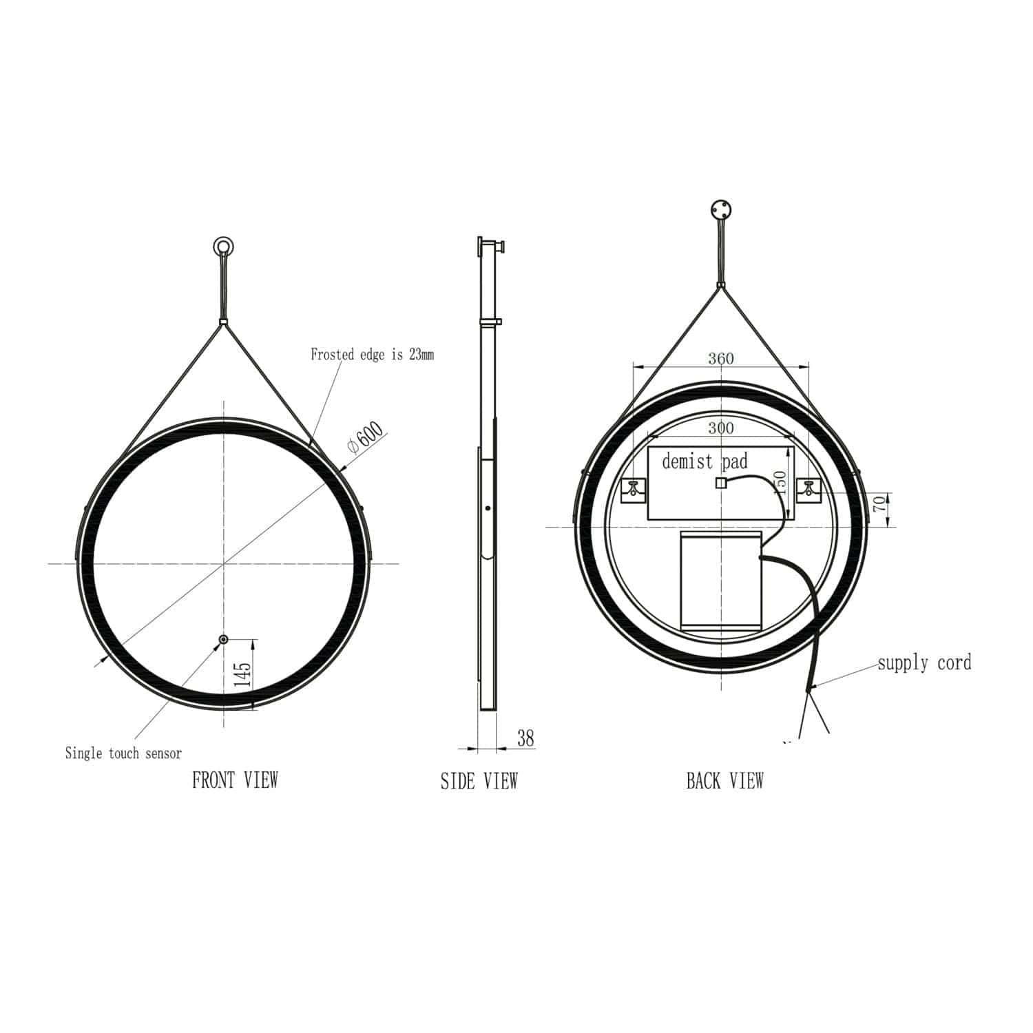High-tech circular bathroom sensor device with frosted edges, supplied with detailed technical drawing for installation and design specifications for modern bathroom projects.