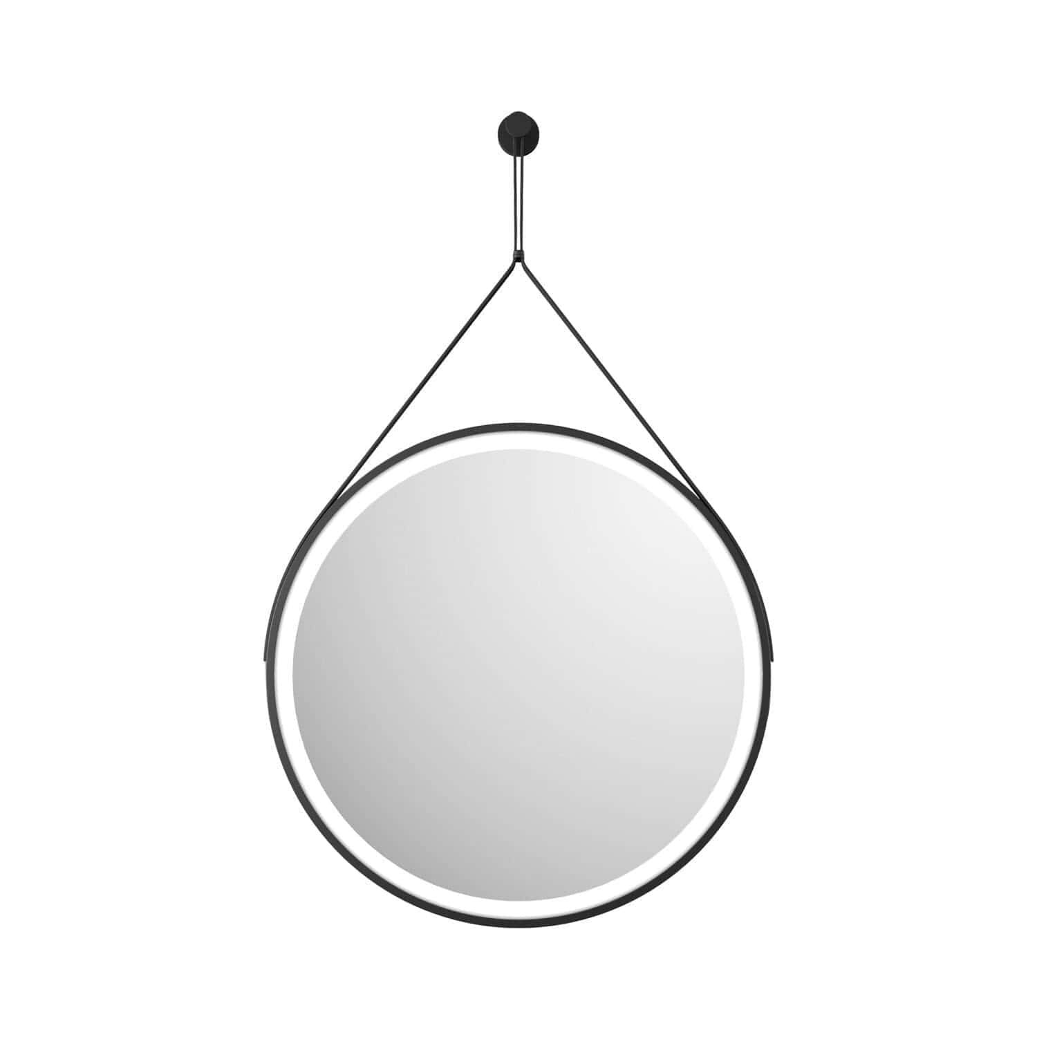 Stylish round bathroom mirror with black metal frame and hanging straps, ideal for contemporary bathroom decor, combining functionality with modern design.