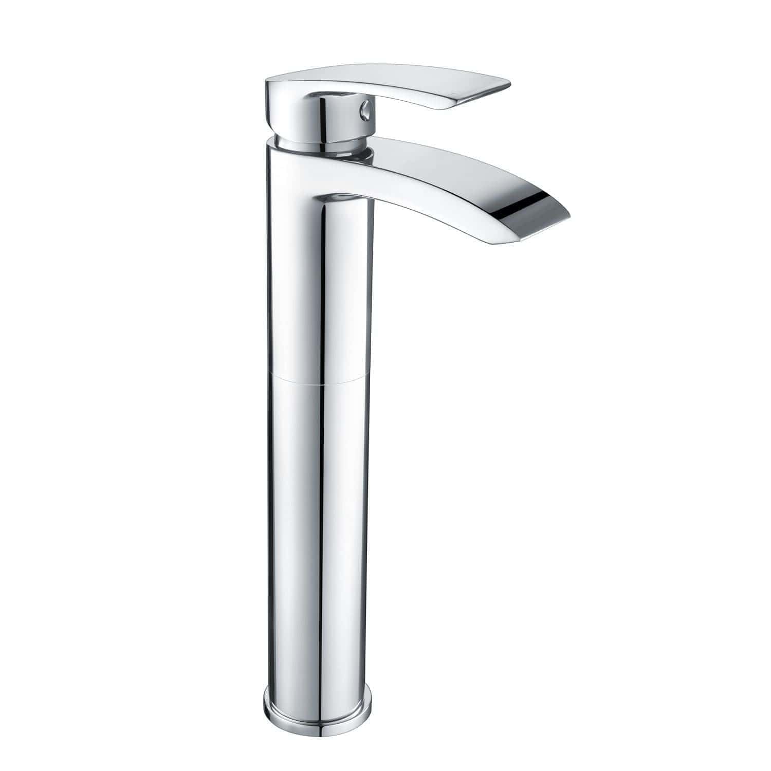 Polished chrome bathroom faucet with modern design, single lever, and cylindrical shape from Bubly Bathrooms.