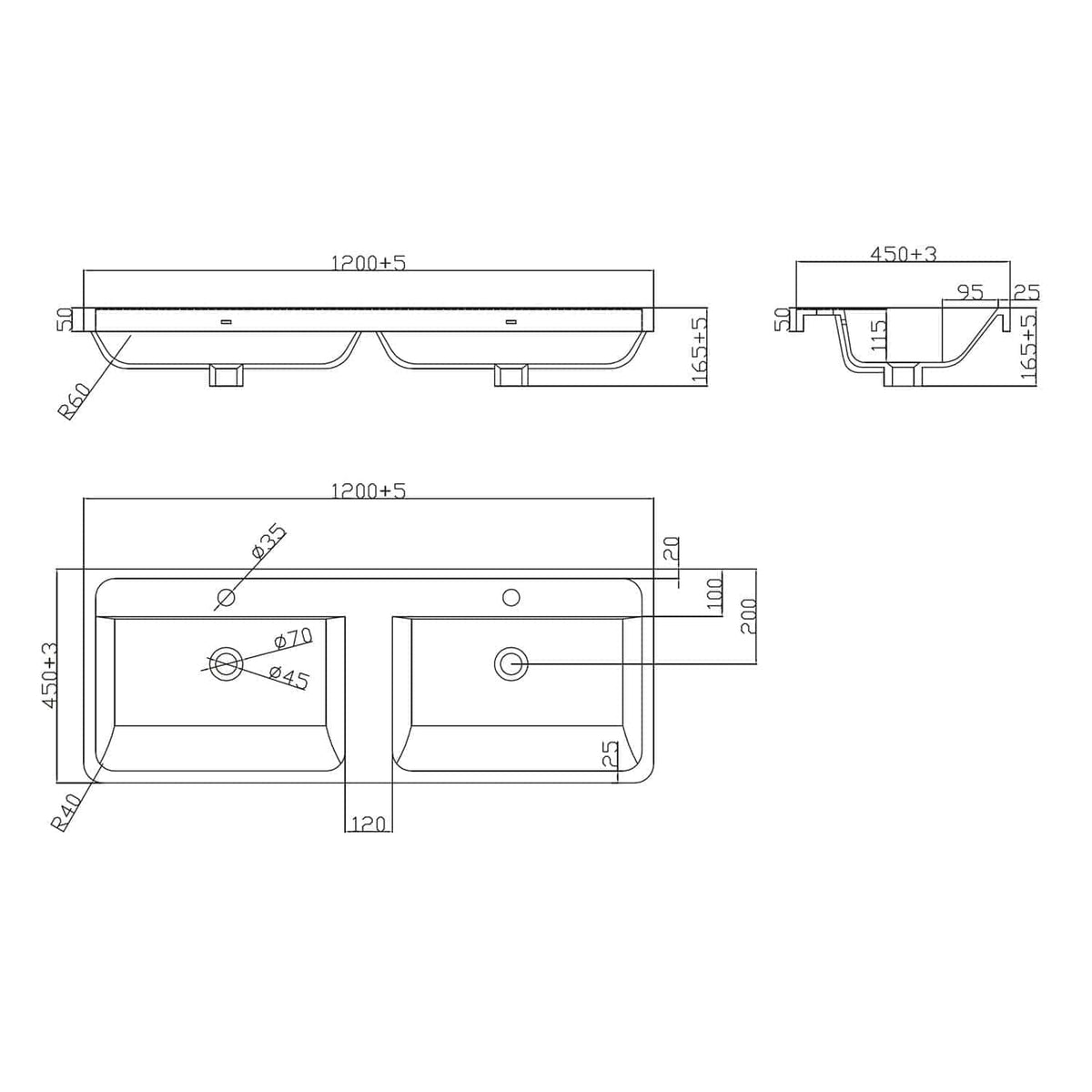 Dual undermount bathroom sinks with detailed technical drawing, including dimensions and installation specifications, ideal for modern bathroom renovation projects.