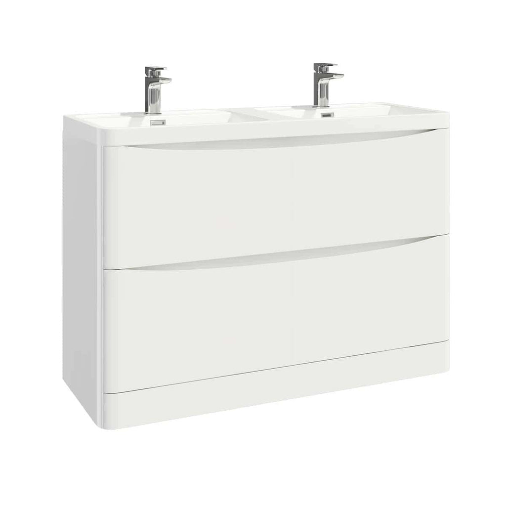 Sleek white double bathroom vanity with dual sinks and modern chrome taps, perfect for stylish and functional bathroom upgrades.