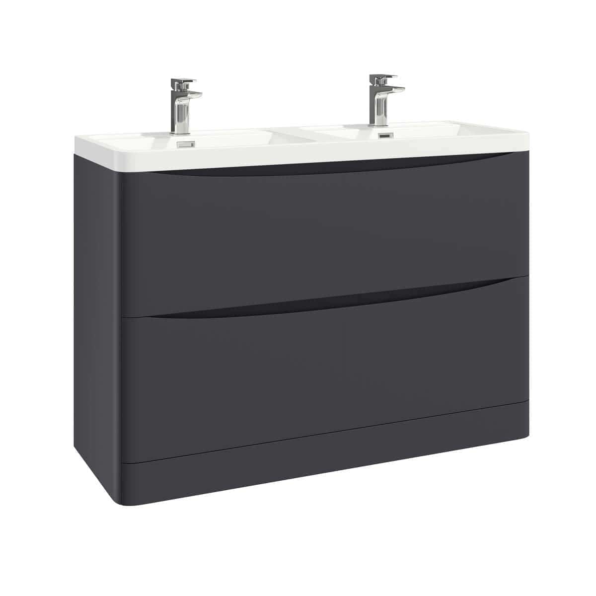 Sleek double bathroom vanity unit with integrated sinks and modern chrome taps, ideal for contemporary bathrooms. Features durable dark grey finish, spacious storage drawers, and stylish design to optimise space and functionality.