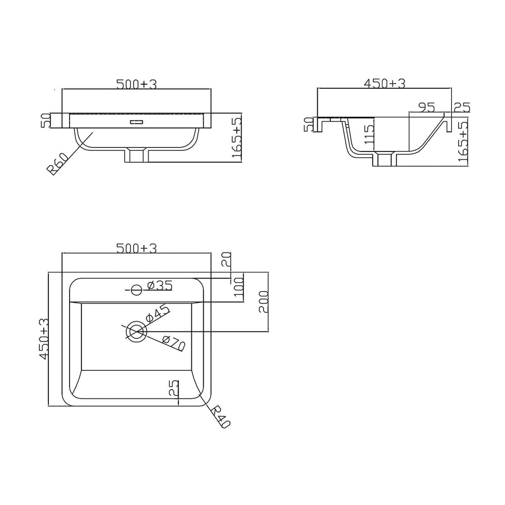 High-quality technical bathroom basin design drawing with detailed dimensions, perfect for bathroom installation or renovation projects. Focus on modern bathroom design elements for a sleek, functional space.