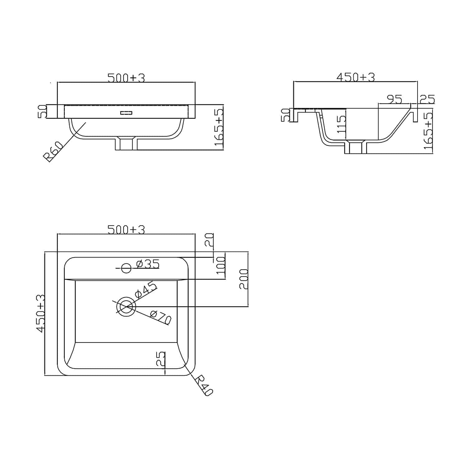 High-quality technical bathroom basin design drawing with detailed dimensions, perfect for bathroom installation or renovation projects. Focus on modern bathroom design elements for a sleek, functional space.
