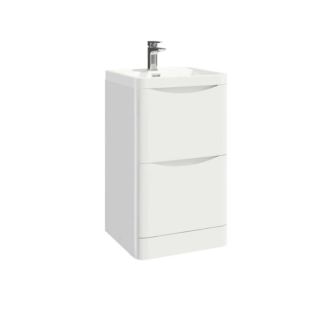Sleek white bathroom sink unit with integrated storage and modern tap, perfect for contemporary bathroom designs and functional space-saving solutions.