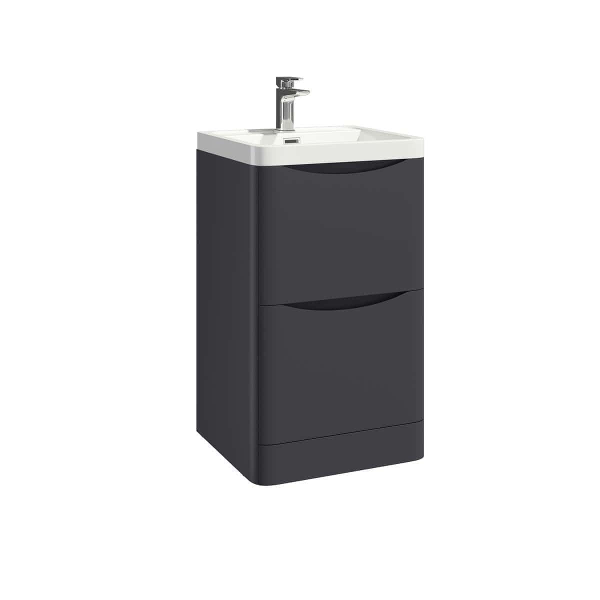 Sleek bathroom vanity unit with integrated sink and modern chrome tap, perfect for contemporary bathroom designs. Compact storage cabinet with two drawers, ideal for bathroom essentials.