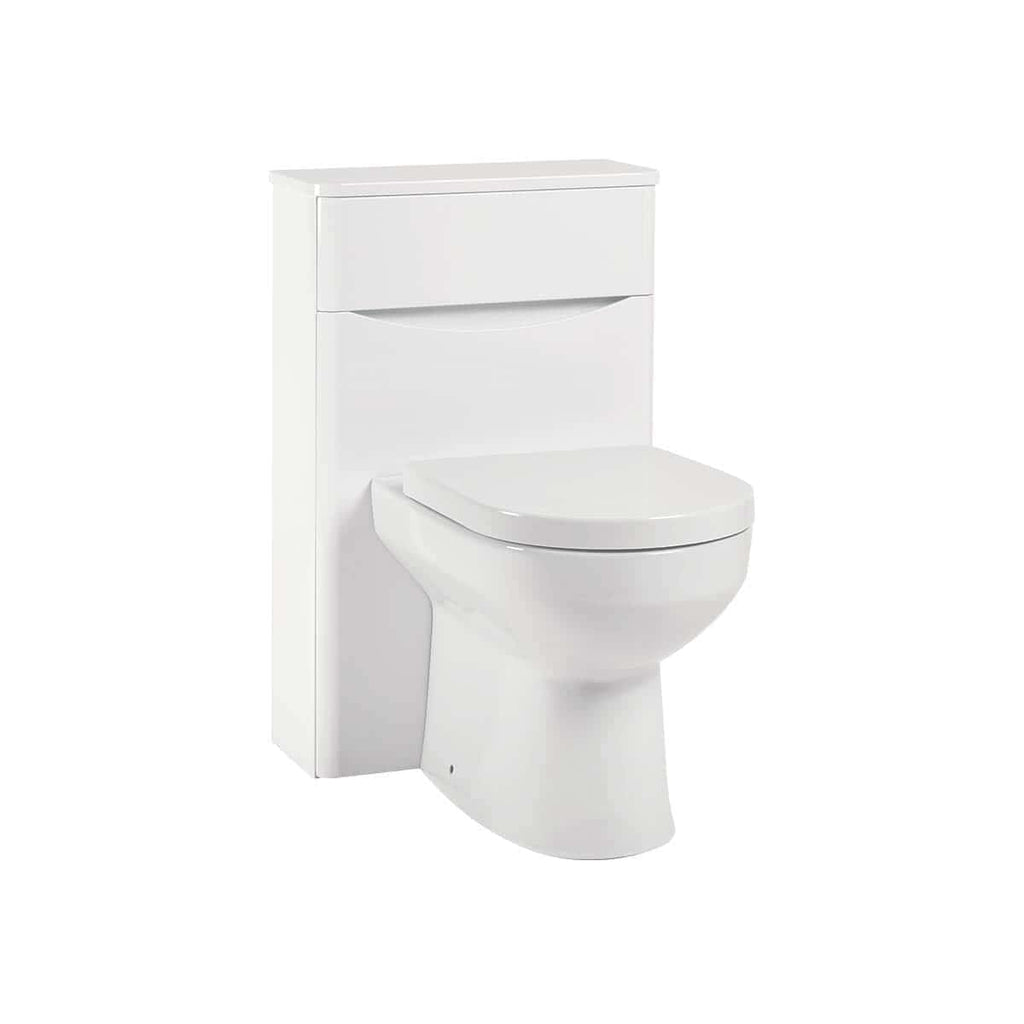High-efficiency white toilet with integrated storage cabinet, ideal for modern bathrooms and space-saving bathroom designs.