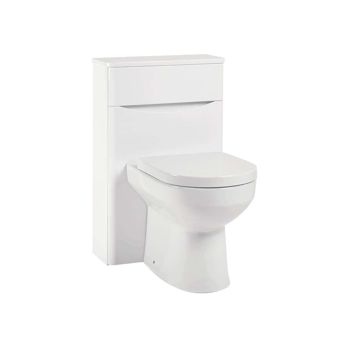 High-efficiency white toilet with integrated storage cabinet, ideal for modern bathrooms and space-saving bathroom designs.
