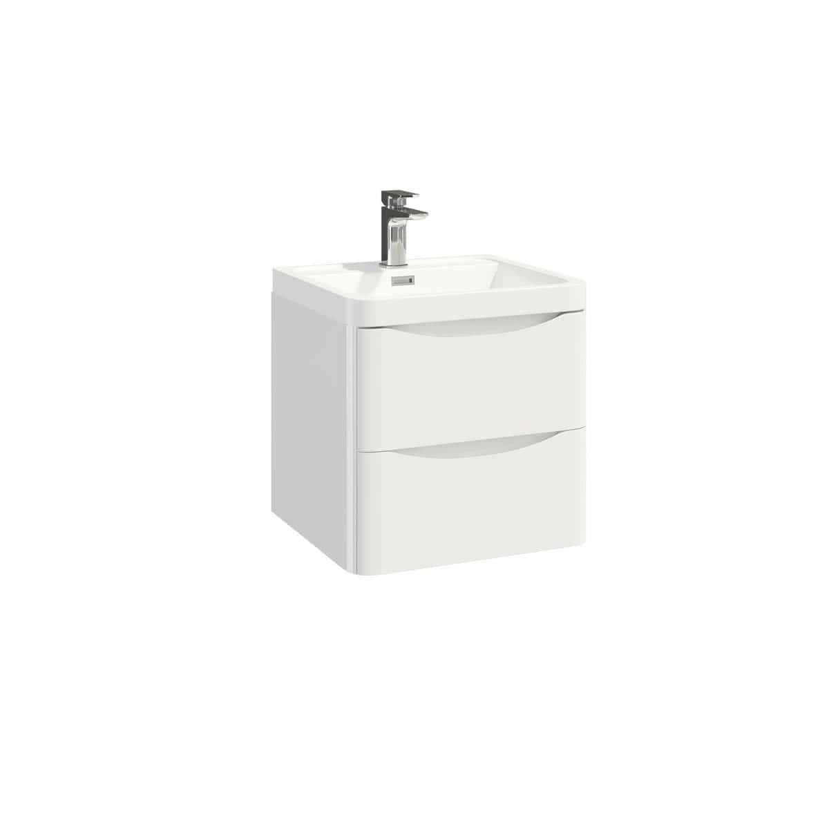 Sleek white bathroom vanity unit with integrated sink and modern chrome tap, ideal for contemporary bathroom designs, combining style and functionality.