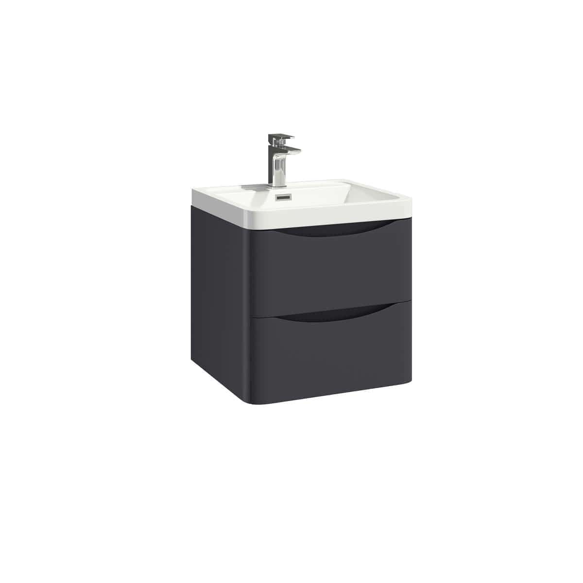Modern black bathroom vanity unit with built-in sink and chrome tap, ideal for contemporary bathroom decor. Perfect for storing toiletries and providing a sleek, functional sink solution.