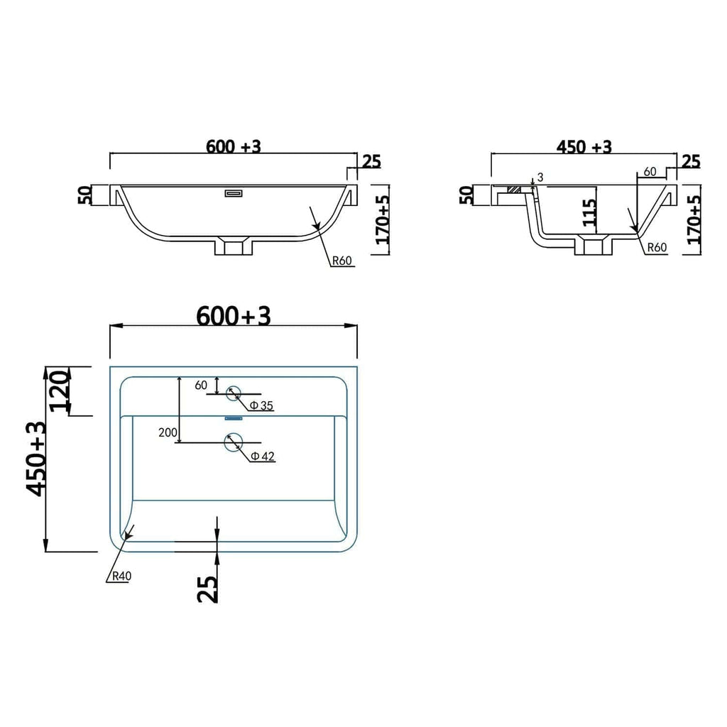 600+3mm wide bathroom sink with detailed technical drawings and dimensions for modern bathroom design.