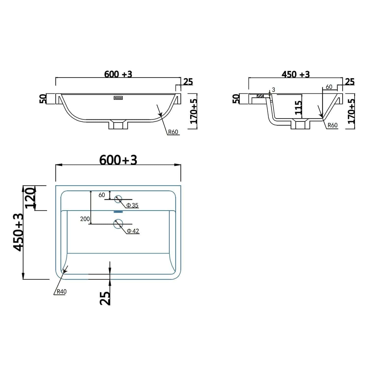 600+3mm wide bathroom sink with detailed technical drawings and dimensions for modern bathroom design.