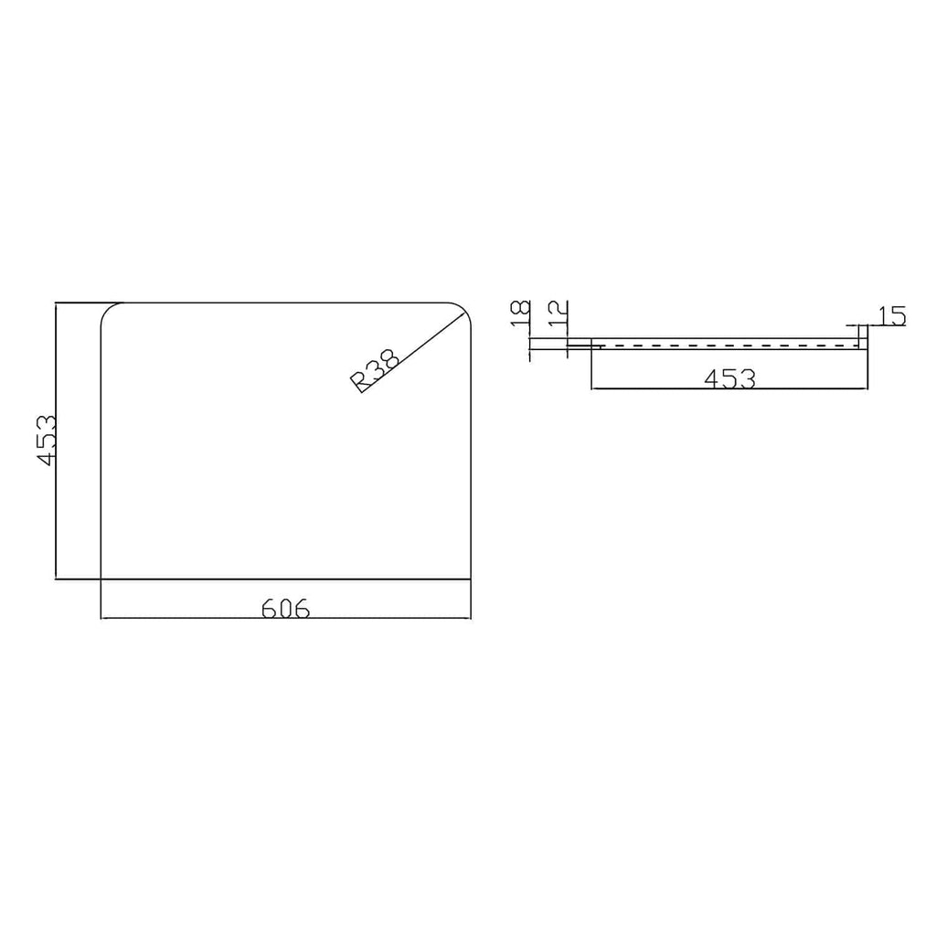 Elegant modern square shower tray with sleek design and precise dimensions, perfect for contemporary bathroom renovations, featuring a stylish R38 radius and durable material for long-lasting use.