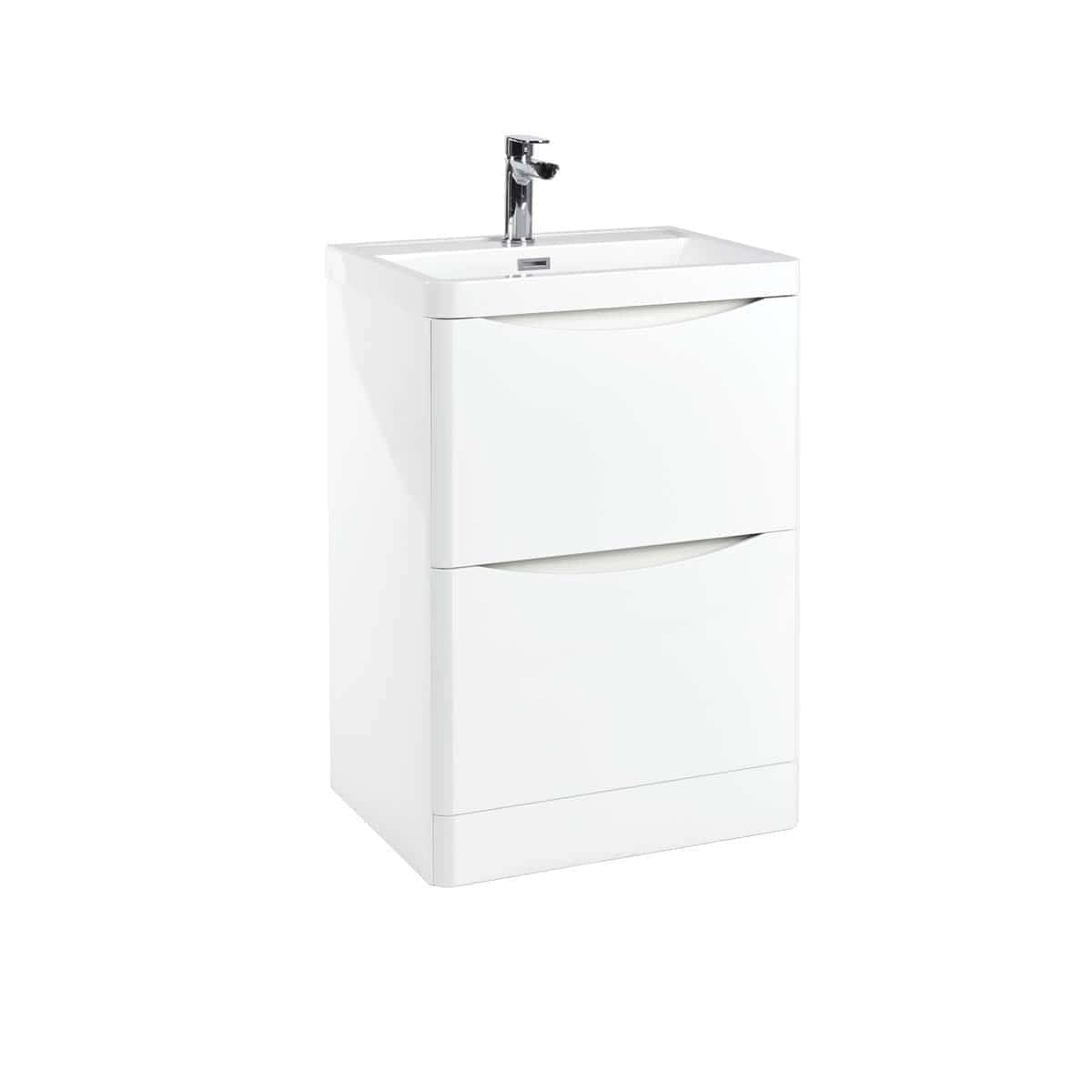 Modern white bathroom vanity with integrated sink and chrome tap, ideal for contemporary bathroom designs. Crafted for durability and style, providing practical storage and a sleek look.