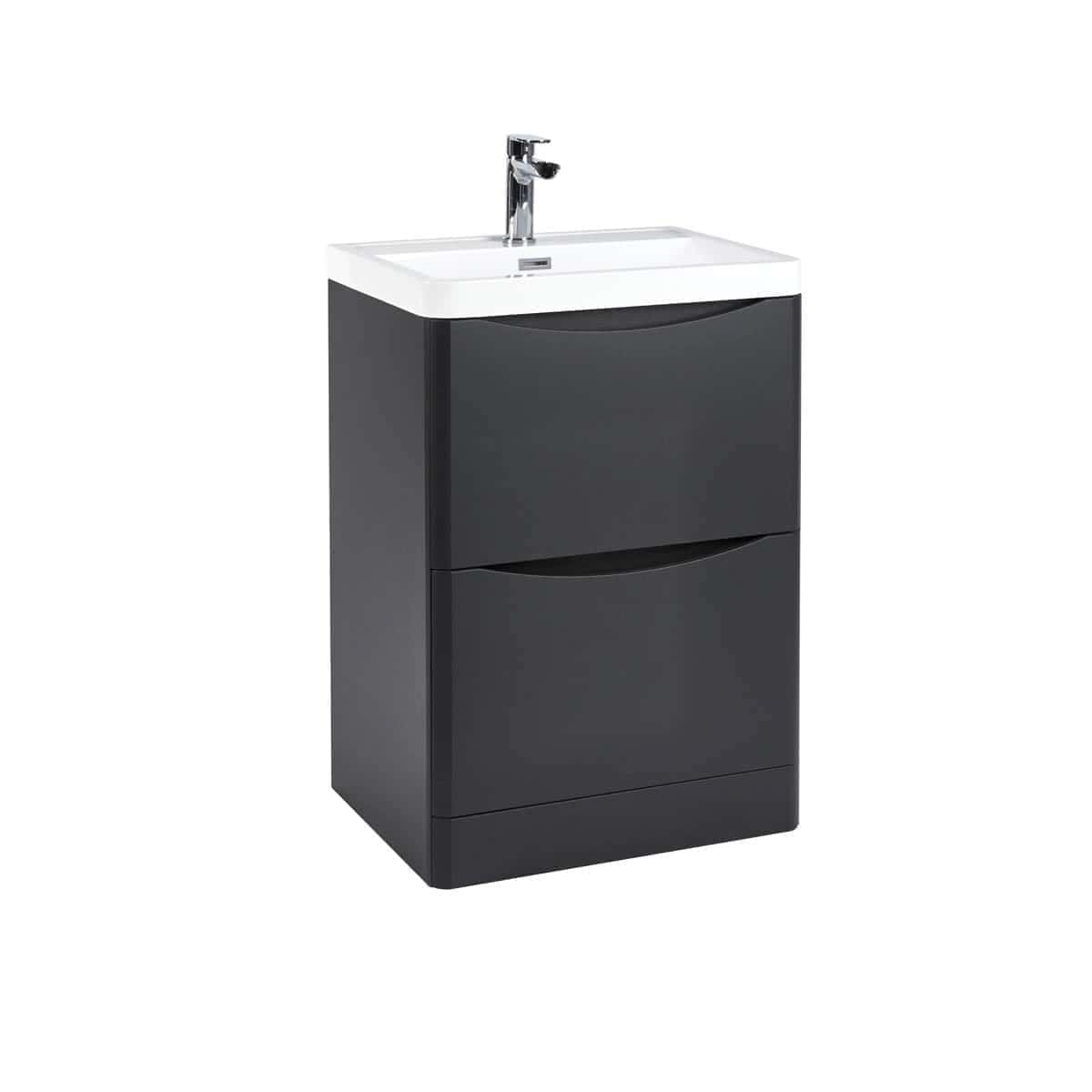 Modern black bathroom vanity unit with integrated sink and chrome faucet, ideal for contemporary bathroom interiors. Designed by Bubly Bathrooms for stylish and functional bathroom storage solutions.