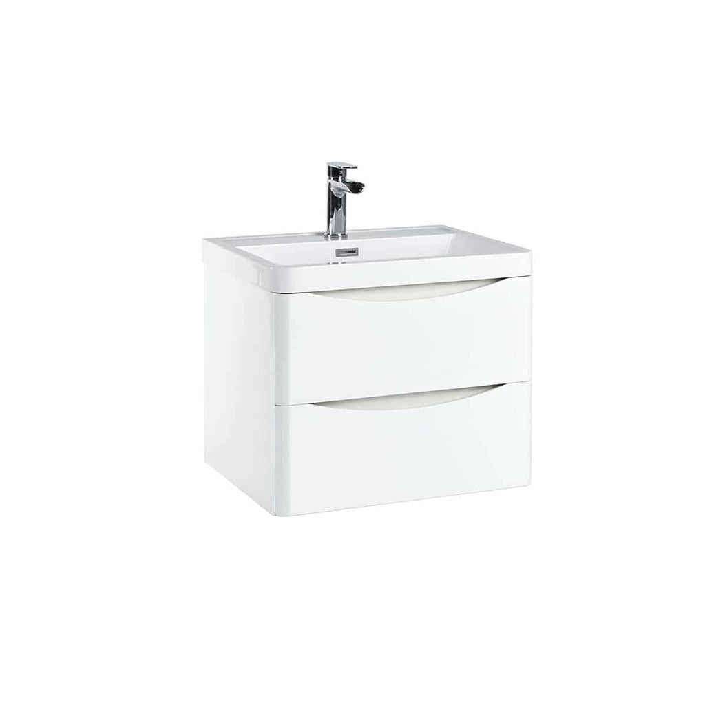 Modern white bathroom vanity unit with integrated sink and chrome tap, ideal for contemporary bathroom designs focused on style and functionality.