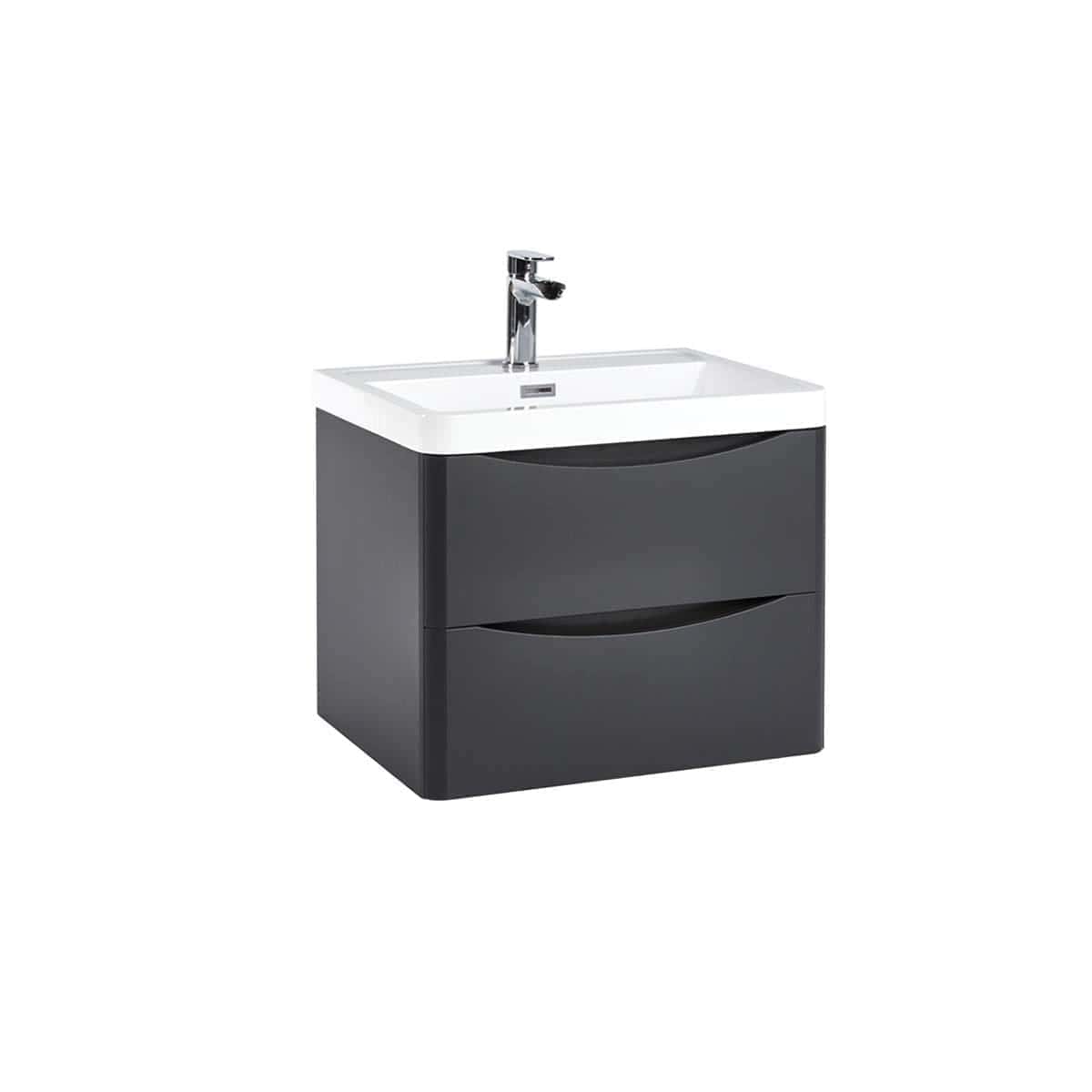 Sleek modern bathroom vanity with integrated sink and chrome tap, featuring ample storage drawers, ideal for contemporary bathroom design. Perfect for stylish and functional bathroom furnishings.