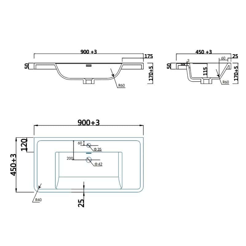 Minimalist bathtub technical drawing with precise measurements and design details for modern bathroom renovations.