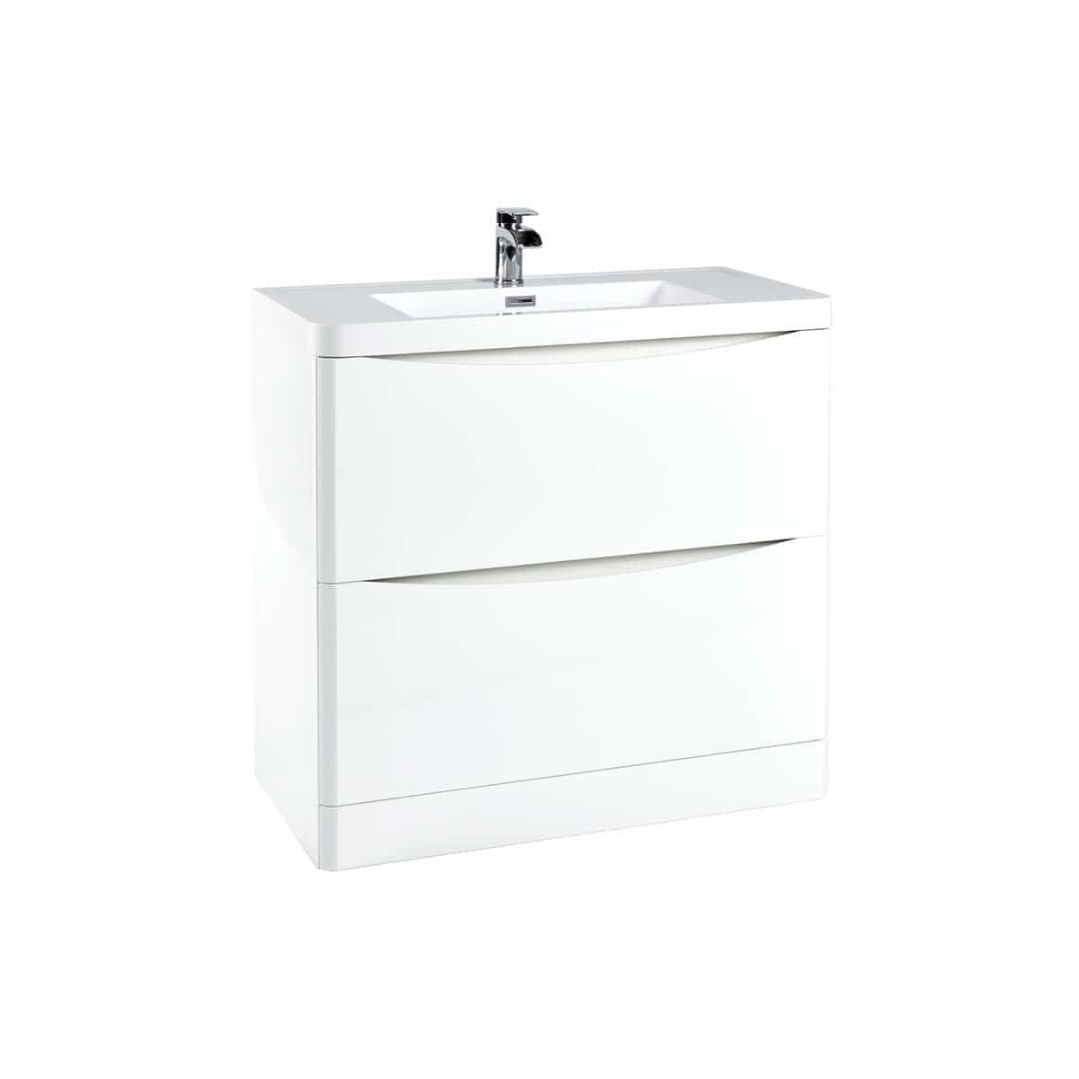 Sleek white bathroom vanity unit with integrated sink and modern chrome faucet, perfect for stylish and functional bathroom remodels.