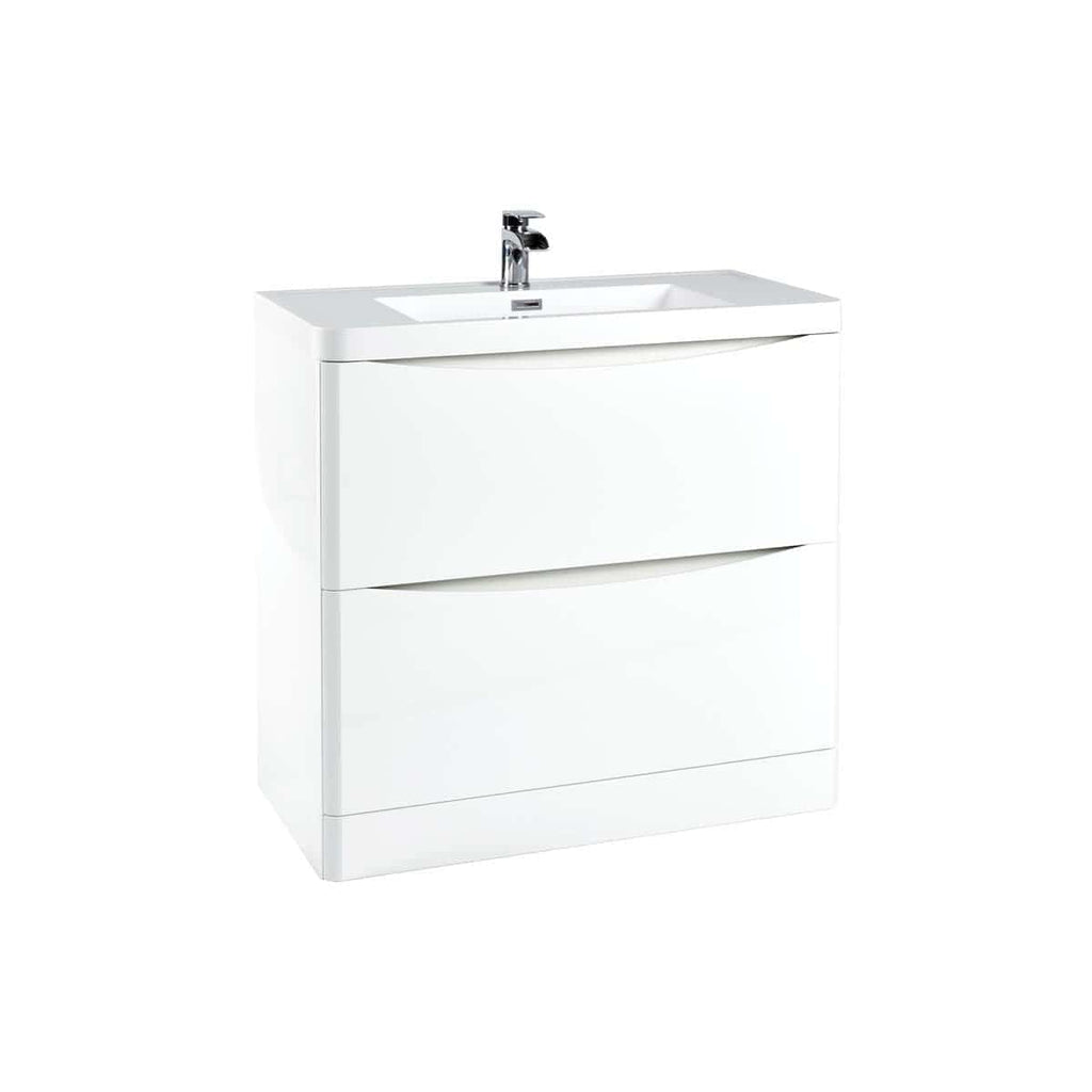 Sleek white bathroom vanity unit with integrated sink and modern chrome faucet, perfect for stylish and functional bathroom remodels.