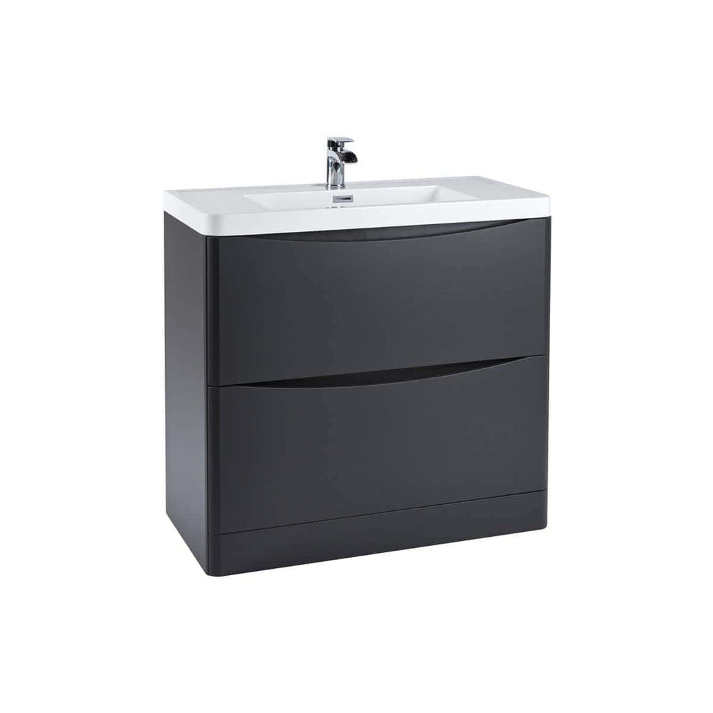 Modern black bathroom vanity with integrated sink and chrome faucet, perfect for contemporary bathroom designs and efficient storage solutions.
