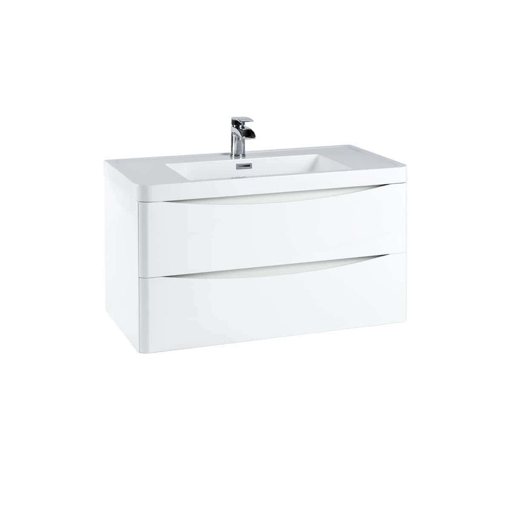 Sleek white bathroom vanity with integrated sink and chrome tap, perfect for modern bathrooms. Features two spacious drawers for convenient storage and contemporary design.